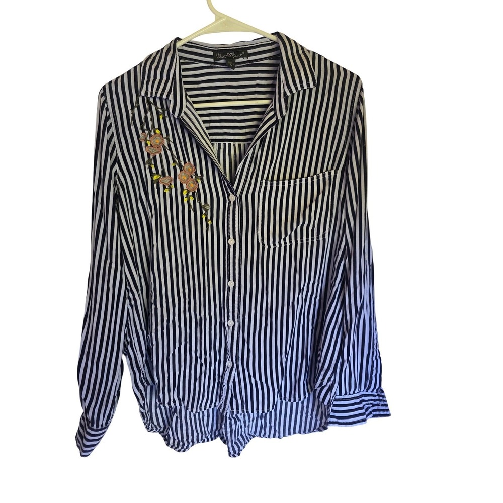 Velvet Heart Womens Striped Floral Embroidered Button Down Shirt Navy White M